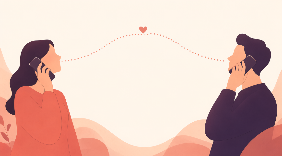 Two people on the phone connected by a line with a heart.