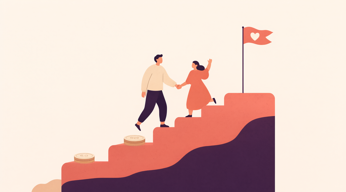 Una pareja sube escalones hacia una bandera con un corazón.